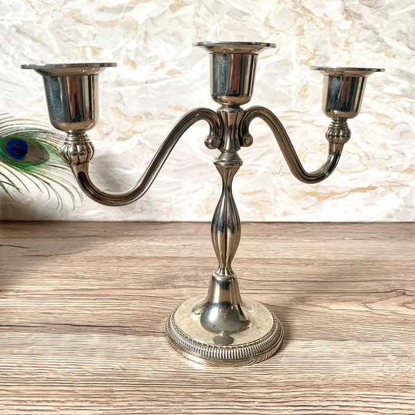 Vintage white metal candelabrum / triple candlestick