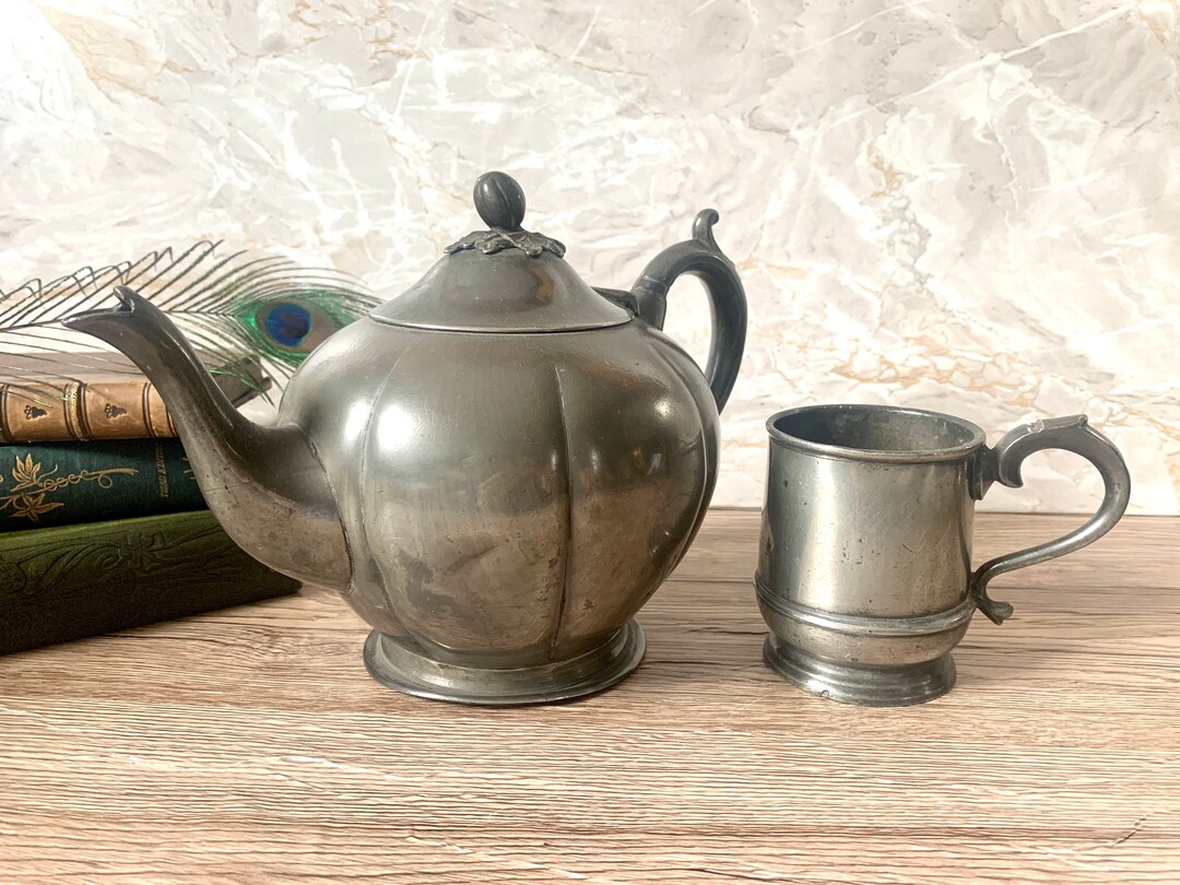 Vintage Pewter Teapot and Cup / Decorative Antique Tea Set / Afternoon