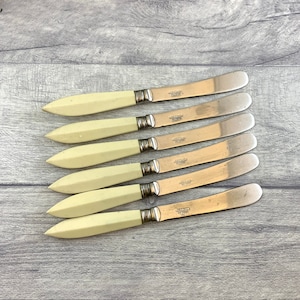 Set of 6 matching vintage &#39;Rhodium plate&#39; silver plated butter knives with faux bone/ivorine handles