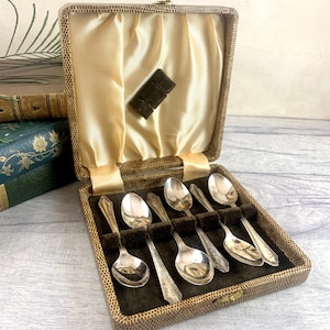 Könnte beinhalten: Ein Set mit sechs silbernen Teelöffeln in einer braunen, mit Samt ausgekleideten Schachtel. Die Schachtel hat eine braune, gemusterte Außenseite und einen goldenen Verschluss.