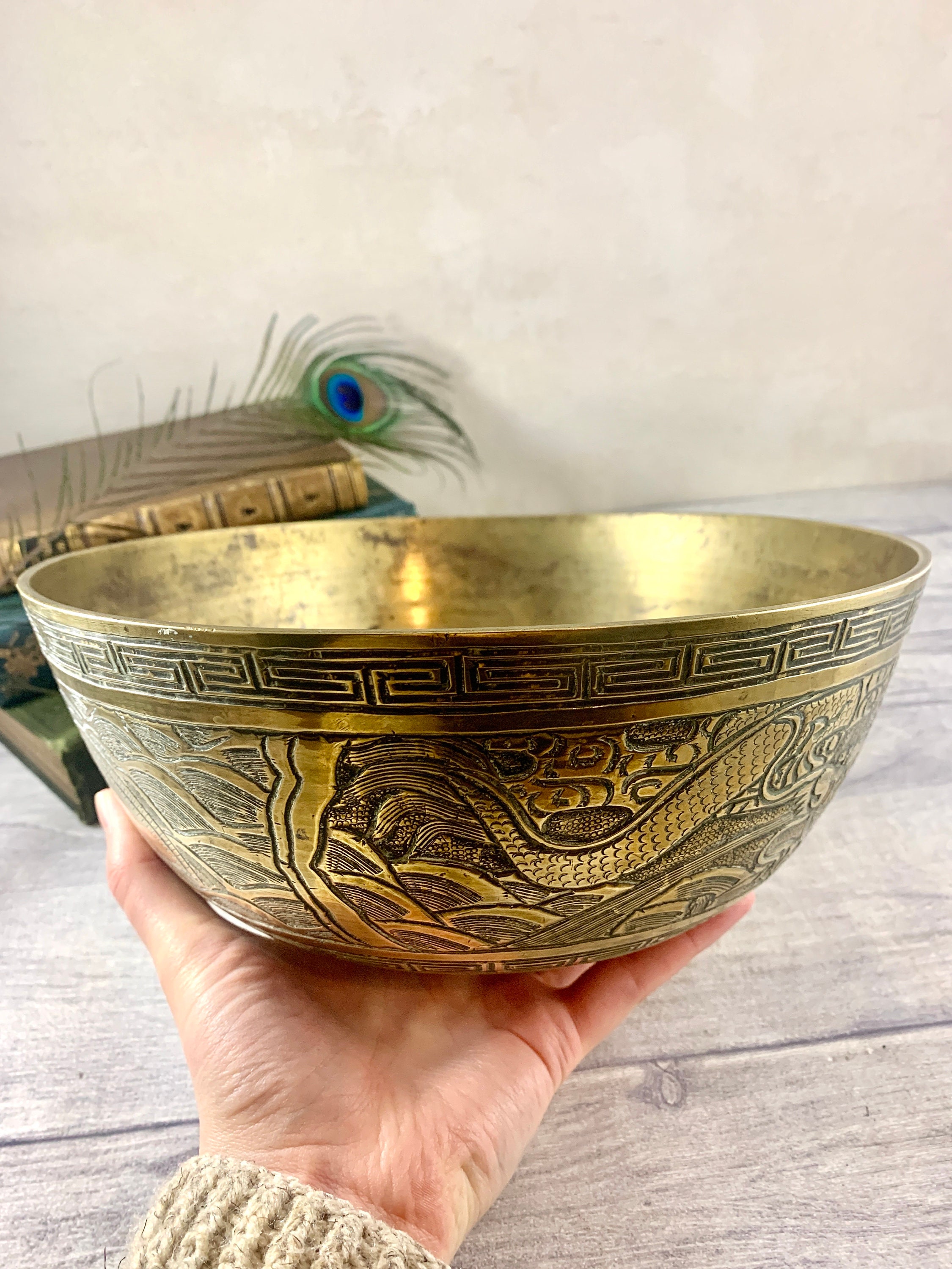 Vintage Chinese Brass Bowl With Dragons and Phoenix / Antique Etsy