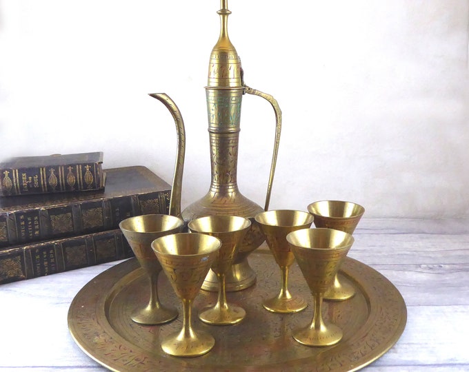 Vintage Etched Brass Aftaba Ewer or Pitcher With 6 Goblets and Tray