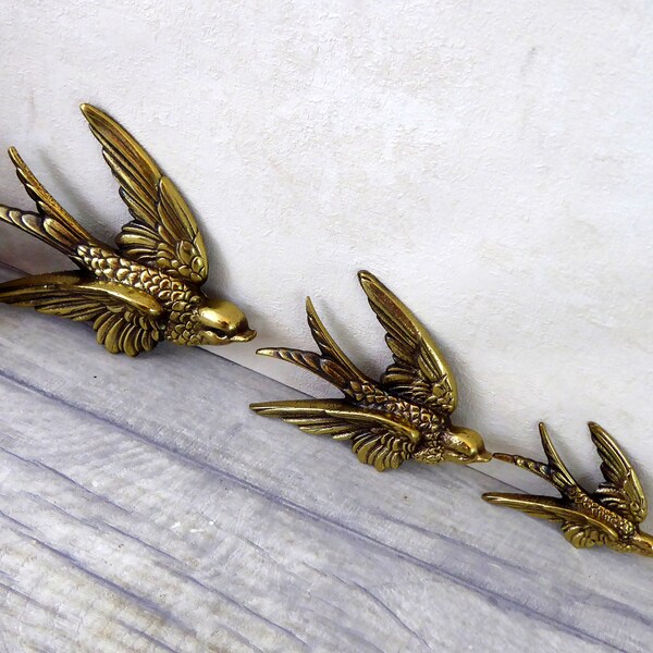 Vintage brass wall-hanging swallows / set of three sized bird wall art pieces