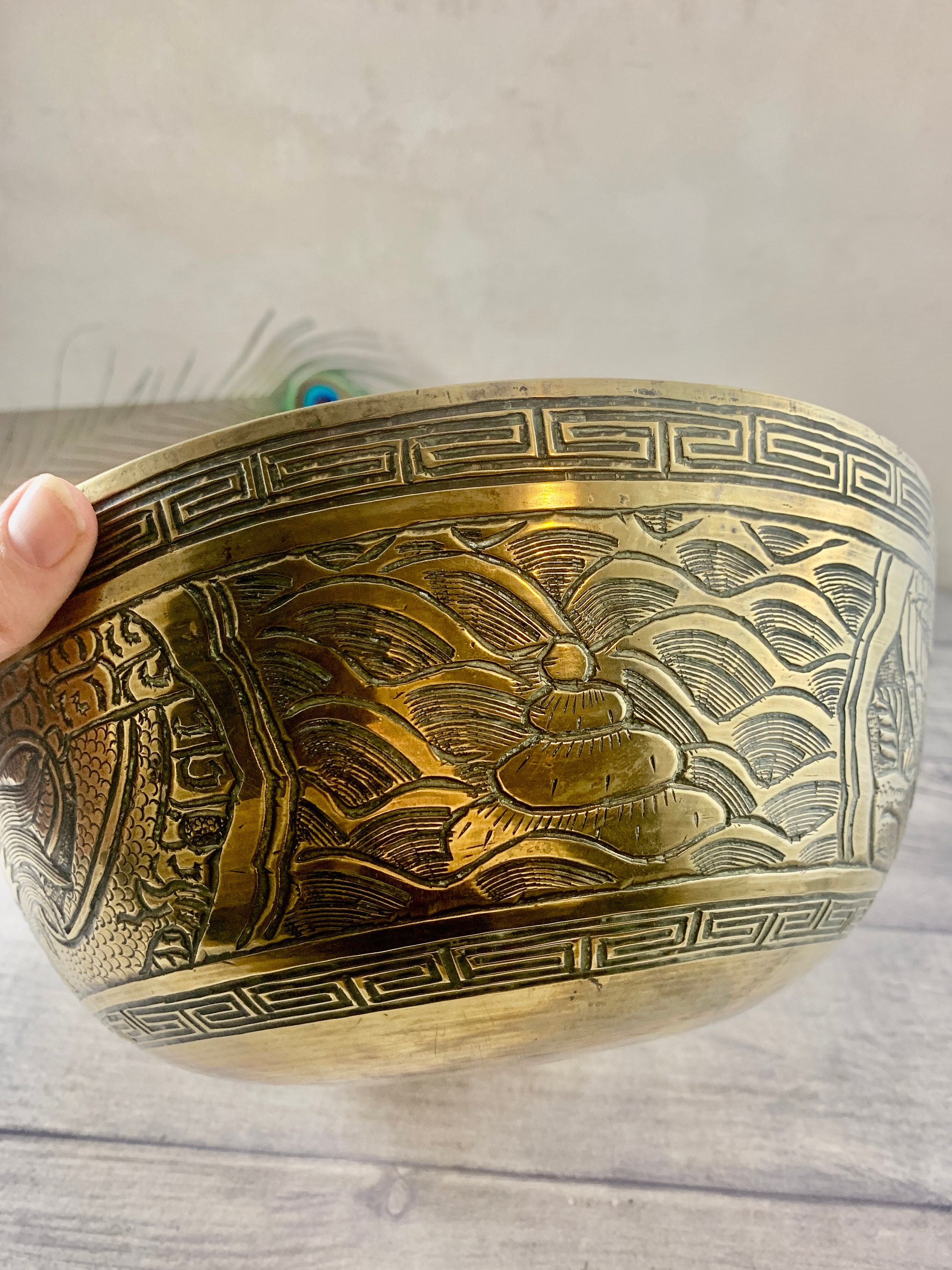Vintage Chinese Brass Bowl With Dragons and Phoenix / Antique Etsy