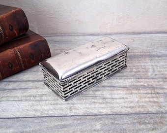 Wilcox Art Deco Silver Plate Cigarette or Stamp Box with hinged lid and pierced design sides - antique decorative trinket box or case