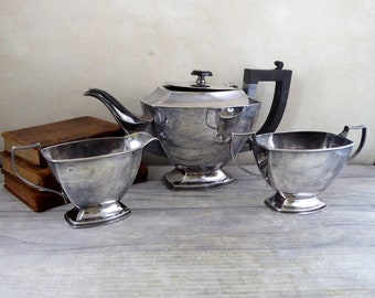 Vintage silver plated 3 piece tea service / art deco antique tea service with tea pot, milk jug and sugar bowl / 1920s-40s