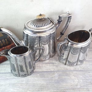 Antique Victorian 3-piece silver plated tea set with teapot, milk jug and sugar bowl / EPNS tea service, c. 1890s STACEY & SONS of Sheffield