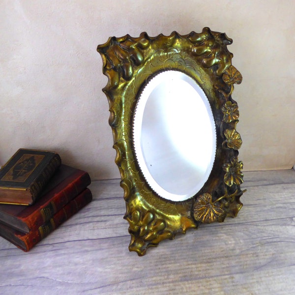 Edwardian Art Nouveau Brass Mirror / Wall or dressing table-top mirror / free standing or hanging / Vintage Mirror