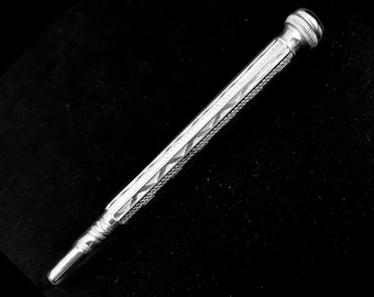 Victorian Silver Plate & Purple Gem Mounted Propelling Pencil - Etched Detailing