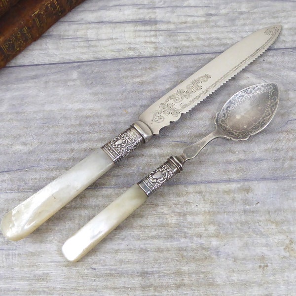 Edwardian Mother of Pearl and EP silver plate knife and spoon with etched decoration - Antique Tableware