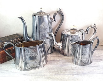 Antique Victorian matching four piece silver plated tea service / vintage tea set /late 19th Century / c. 1870-90
