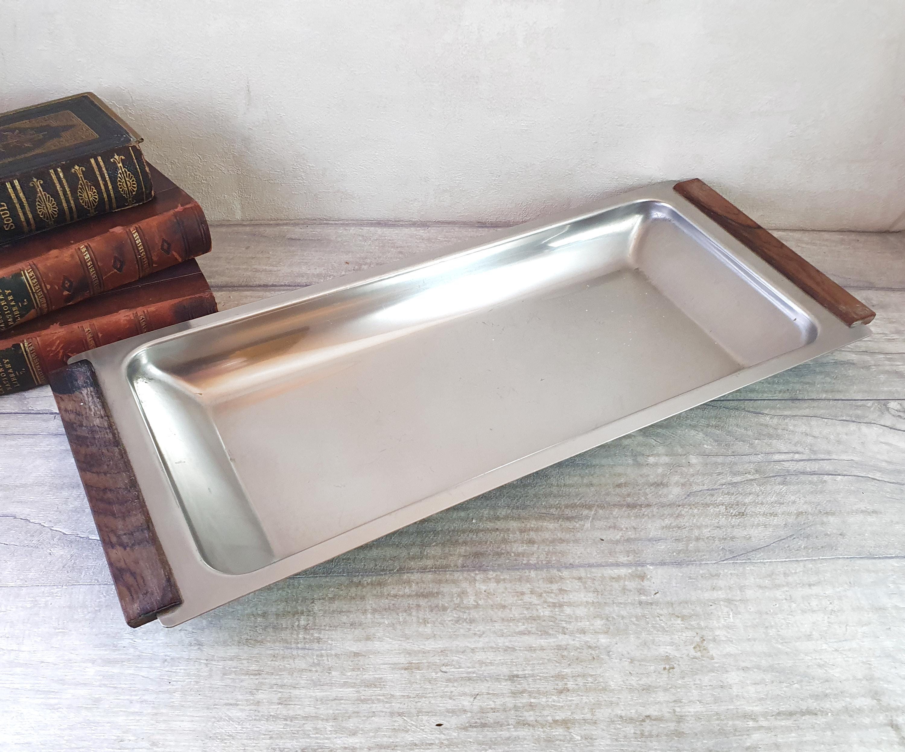 Vintage tray / drinks tray / serving tray / Stainless Steel with wooden handles / Nord Steel Danish Made Steel