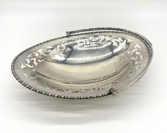 Vintage decorative silver plate tray with handle, serving platter, serving dish