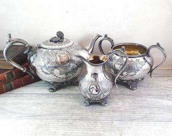 Vintage Victorian three piece silver plated tea service / antique tea set / Downton Abbey tea set / James Deakin & Sons, late 19th C tea set
