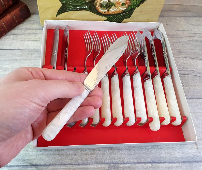 Retro Boxed Set of Fish Cutlery With Ivorine Faux Bone Handles / Set of