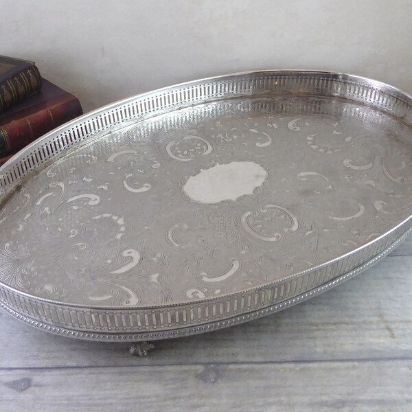 Long vintage silver plated galleried and chased serving tray with legs/ butler's tray with legs / ornate drinks tray / Edwardian