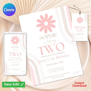 Daisy Girl Birthday Invite, 1st Birthday, Retro Daisy First Birthday Party Invitations | Printable Instant Download | Editable Template