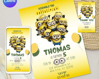 Editable Minions Birthday Invitation,Printable Minions invitations,Birthday Printable, Kids Birthday,Instant Download Canva,Template Minions