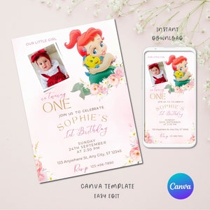 Invitation d’anniversaire modifiable de la Petite Sirène Ariel, carte d’invitation à la fête de la Petite Sirène, Invite Party Mermaid Princess | TÉLÉCHARGEMENT INSTANTANÉ