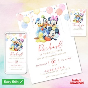 Mickey Mouse Clubhouse Birthday Invitation Boy Carte de remerciement numérique ou imprimée Téléchargement instantané Modèle Canva | Invitation modifiable