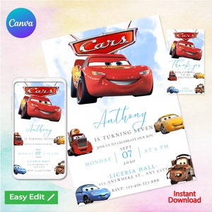 Può includere: Un invito di compleanno a tema Cars con un'illustrazione di un'auto rossa, gialla e blu. L'invito è per il 7° compleanno di Anthony. Il testo recita "Anthony compie sette anni. Unisciti a noi per festeggiare il nostro ragazzo. Lunedì 7 settembre 2030 alle 18:00. Liceria Hall, 123 Anywhere St., Any City. RSVP: 123-456-777-888."