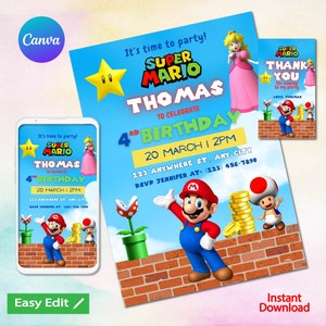 Mario Bros Invitation, Super Mario Birthday Invitation, Super Brothers boy Invite, Video Game, Kid Invite, Editable Template, Editable Canva