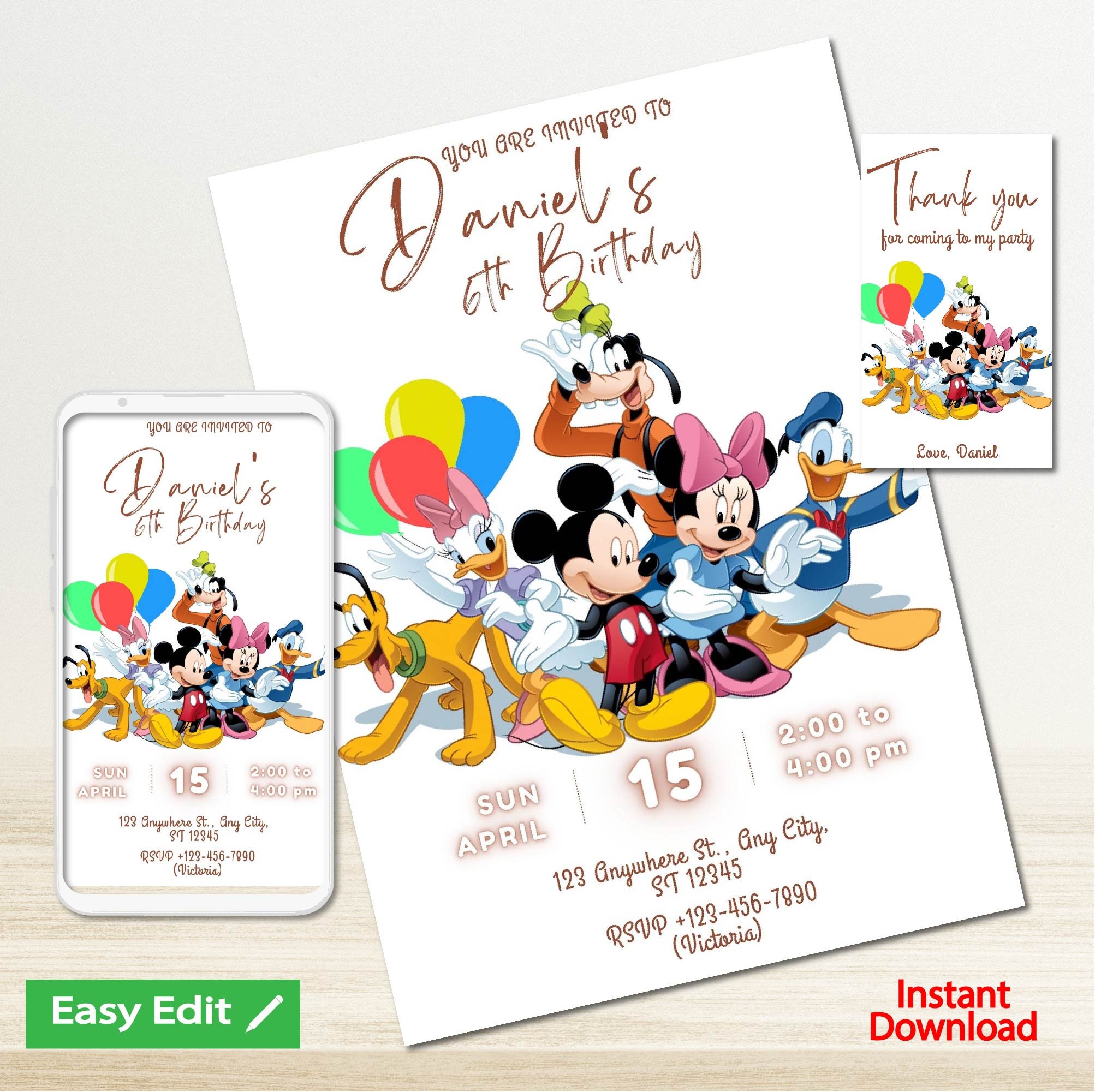 Mickey Mouse Clubhouse Birthday Invitation Boy Digital or Printed Thank You Card Instant Download Canva Template | Editable Invitation