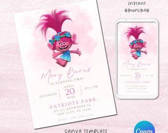 Editable Trolls Poppy Birthday Invitation | Trolls Girls invite, Template Printable, Troll invitation Digital Kids Invite | Instant Download
