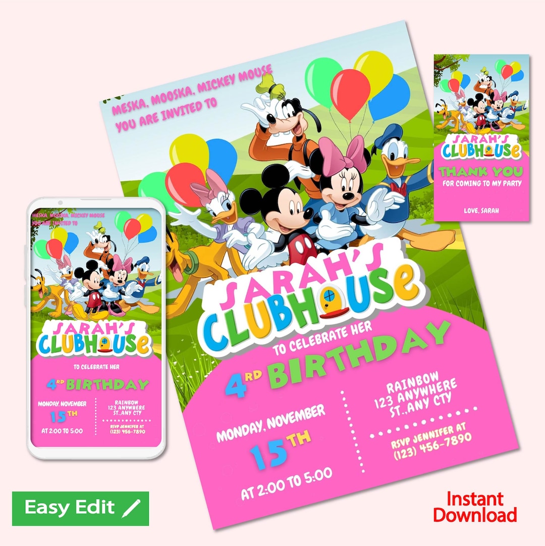 Mickey Mouse Pink Clubhouse Birthday Invitation Girl Digital, Thank You ...