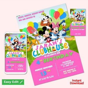 Mickey Mouse różowy klub zaproszenie na urodziny dziewczyna cyfrowa, karta z podziękowaniami natychmiastowe pobieranie szablonu Canva | Edytowalne zaproszenie