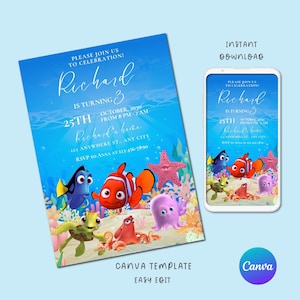 Puede incluir: Una invitación azul y verde con una imagen de dibujos animados de personajes de la película Buscando a Nemo. La invitación es para el cumpleaños número 25 de Richard. La fiesta es el 20 de octubre de 2030, de 8 PM a 2 AM en la casa de Richard. La dirección es 123 Anywhere St., Any City. RSVP a Anna al 123-456-7890.