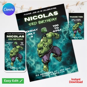 Hulk verjaardagsuitnodiging, The Incredible Hulk verjaardagsuitnodiging, digitaal, afdrukbaar, gratis bedankkaart afdrukbaar bewerkbaar in Canva