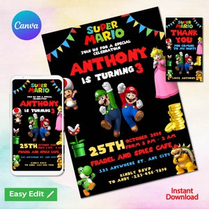 Mario Bros Invitation, Super Mario Birthday Invitation, Super Brothers boy Invite, Video Game, Kid Invite, Editable Template, Editable Canva