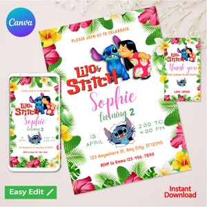 Modèle d’invitation d’anniversaire Lilo et Stitch, invitation Lilo et Stitch, invitation à une fête Stitch, invitation d’anniversaire Stitch Girls, fête pour enfants, Canva