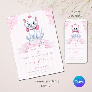 Marie & Aristocats Printable Invitation, Marie Aristocats Invite, Marie Aristocats Birthday Invitation, Party Supplies, Party Printables