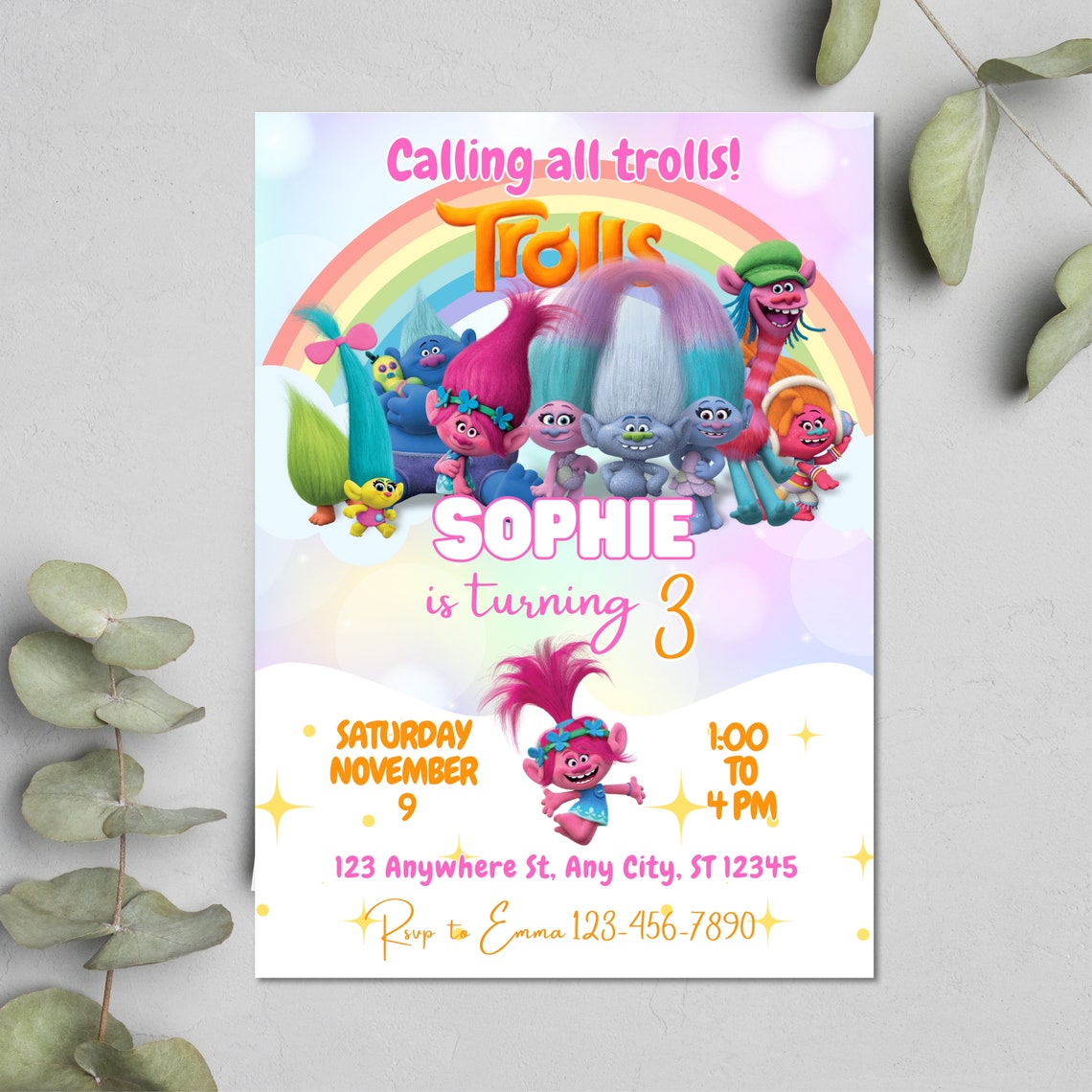 Poppy Trolls Birthday Invitation Digital Download
