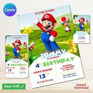 Mario Bros Invitation, Super Mario Birthday Invitation, Super Brothers boy Invite, Video Game, Kid Invite, Editable Template, Editable Canva