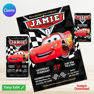 Può includere: Un invito di compleanno rosso e nero con un'auto da corsa dei cartoni animati. L'invito dice "Jamie compie 8 anni" e include un motivo a bandiera a scacchi. Il testo dice "Vieni a festeggiare!" e "Sabato 27 febbraio, dalle 14:00 alle 17:00. Casa di Madison, 123 Anywhere St., Any City, ST 12345. Pizza e gelato saranno serviti!"