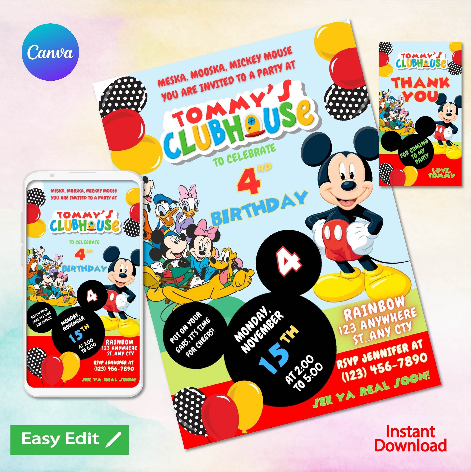 Mickey Mouse Clubhouse Birthday Invitation Boy Digital or Printed Thank ...