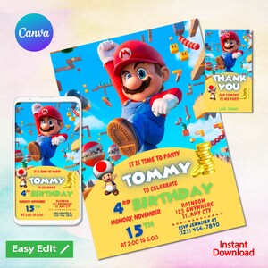 Mario Bros Invitation, Super Mario Birthday Invitation, Super Brothers boy Invite, Video Game, Kid Invite, Editable Template, Editable Canva