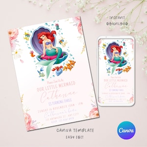 Invitation d’anniversaire modifiable de la Petite Sirène Ariel, carte d’invitation à la fête de la Petite Sirène, Invite Party Mermaid Princess | TÉLÉCHARGEMENT INSTANTANÉ