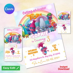 Bearbeitbare Trolls Mohn-Geburtstagseinladung | Trolls Girls Einladung, Vorlage zum Ausdrucken, Troll Einladung Digitale Kindereinladung | Sofortdownload