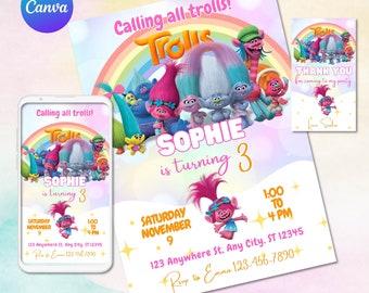 Editable Trolls Poppy Birthday Invitation | Trolls Girls invite, Template Printable, Troll invitation Digital Kids Invite | Instant Download