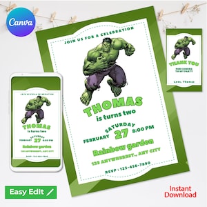 Convite de aniversário do Hulk, convite de aniversário do Incrível Hulk, digital, para impressão, cartão de agradecimento gratuito para impressão editável no Canva