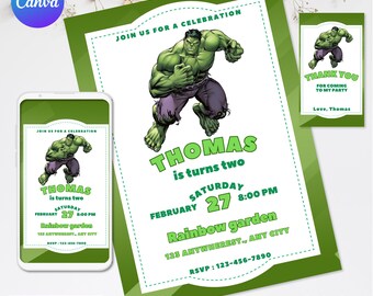 Hulk Birthday Invitation, The Incredible Hulk Birthday Invitation, digital, printable, free thank you card Printable Editable in Canva