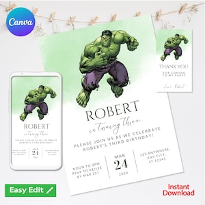 Hulk verjaardagsuitnodiging, The Incredible Hulk verjaardagsuitnodiging, digitaal, afdrukbaar, gratis bedankkaart afdrukbaar bewerkbaar in Canva