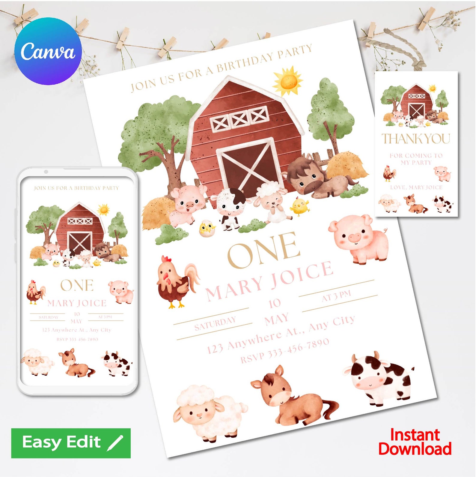 EDITABLE Farm Birthday Invitation, Barn Animals Party Invite Template ...