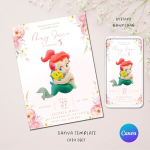 Invitation d’anniversaire modifiable de la Petite Sirène Ariel, carte d’invitation à la fête de la Petite Sirène, Invite Party Mermaid Princess | TÉLÉCHARGEMENT INSTANTANÉ