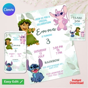 Modèle d’invitation d’anniversaire Lilo et Stitch, invitation Lilo et Stitch, invitation à une fête Stitch, invitation d’anniversaire Stitch Girls, fête pour enfants, Canva