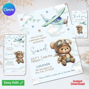 Airplane bear baby shower invitation, invite Airplane invitation Plane Birthday party theme jet pilot editable template, canva